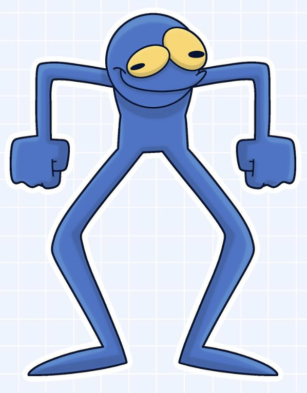 Blue character flexing with arms outstretched