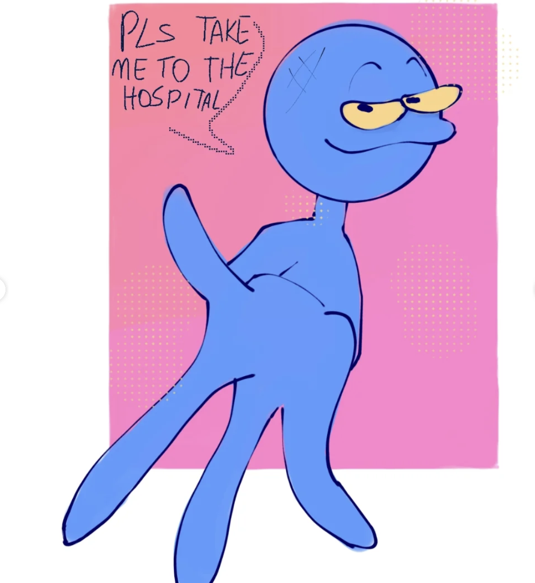 Blue character asking to go to hospital