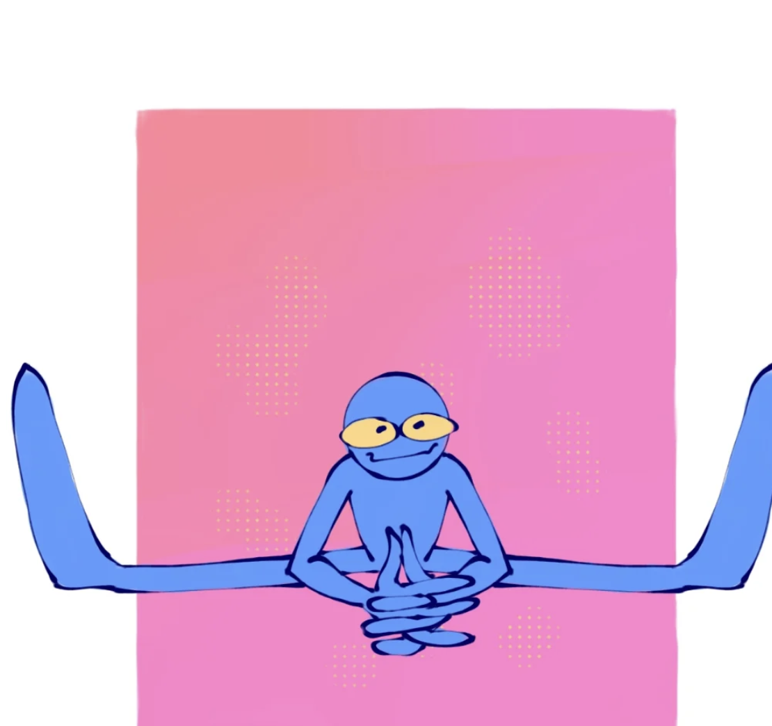 Blue character in meditation pose with pink background