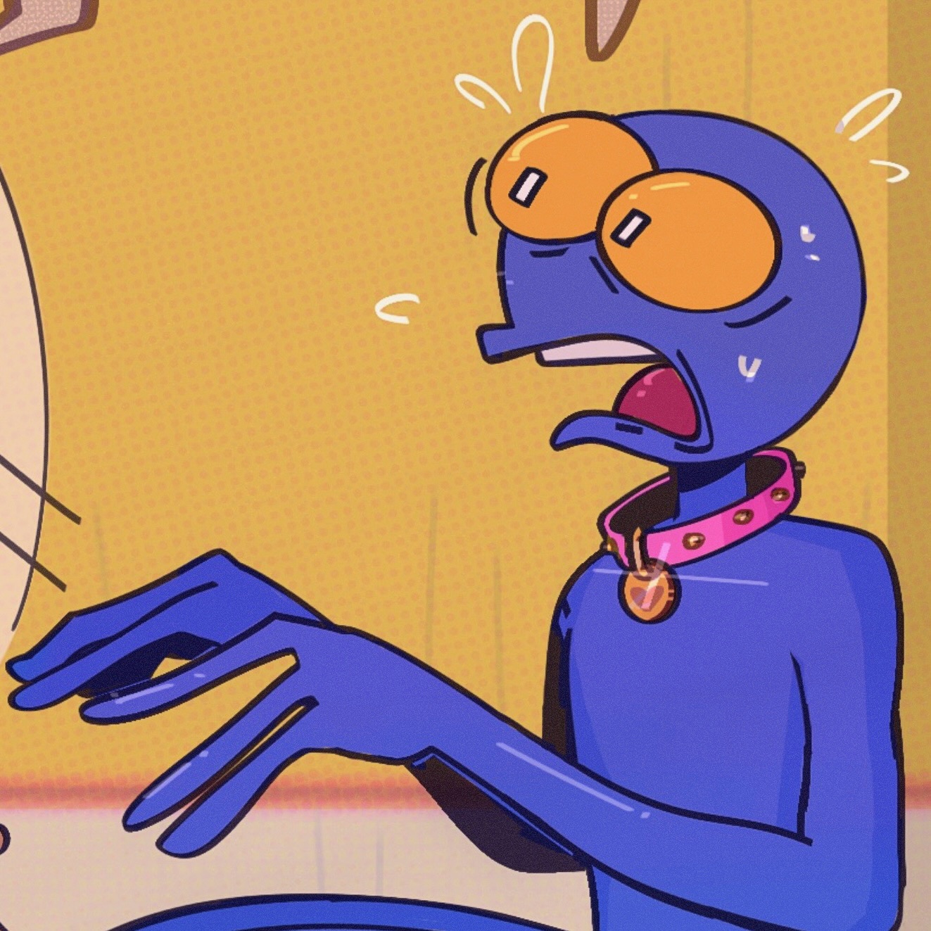 Blue character with big orange eyes looking surprised with collar